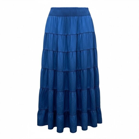 Women's Tiered Maxi Skirt Blue Elastic Waist Lightweight Cotton Bohemian Sz M - Picture 2 of 8